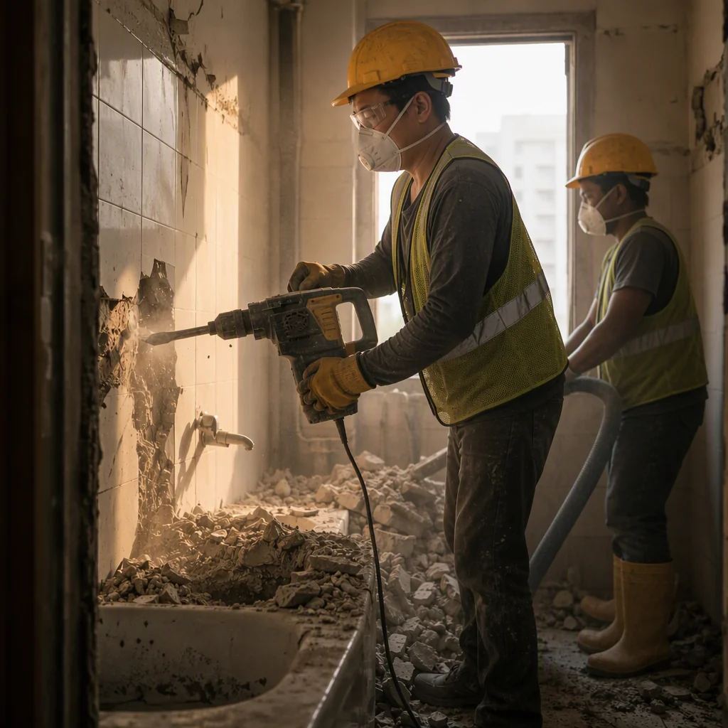 A worker hacking a tiled wall in full protective equipment